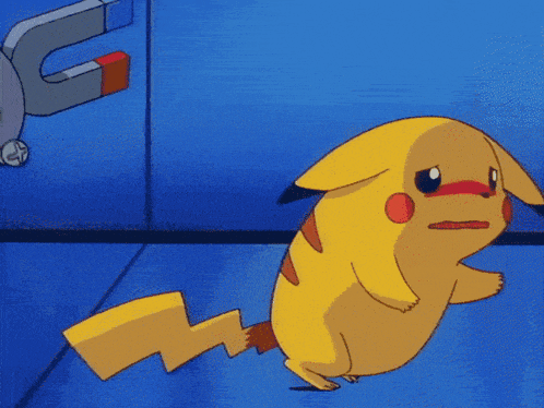 a cartoon pikachu is standing in front of a magnet on a blue wall