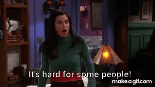 a woman is standing in a living room with a lamp and says `` it 's hard for some people ! ``