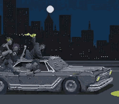 a pixel art drawing of a car with people in it