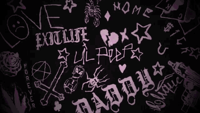a purple bird is flying in front of a black background with drawings and the word " forever "