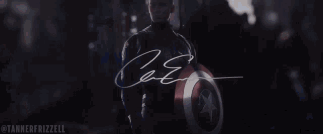 chris evans is holding a captain america shield in a dark room