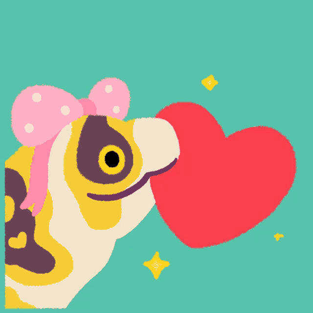 a lizard with a pink bow on its head is holding a red heart