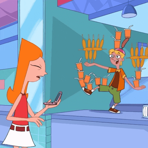 a cartoon of a girl holding a cell phone next to a boy holding a bunch of drinks