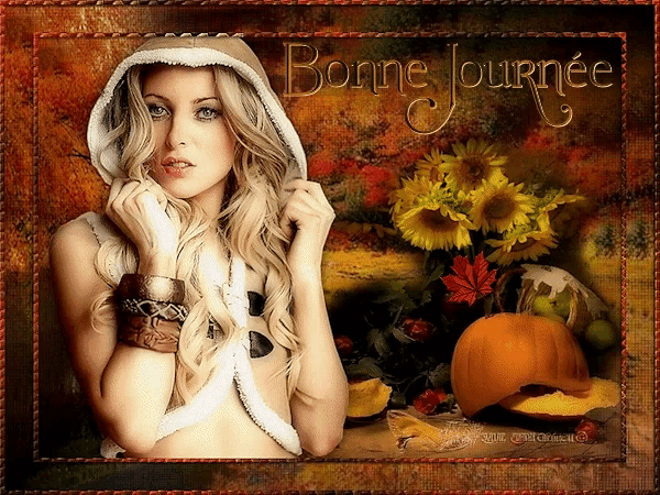 a picture of a woman with a hood and the words bonne journee