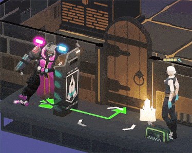a screenshot of a video game shows a woman standing next to a suitcase and a robot