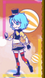 a cartoon character with blue hair and a top hat is standing next to a ball .