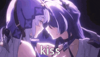 a couple of anime girls are kissing each other in a purple background .
