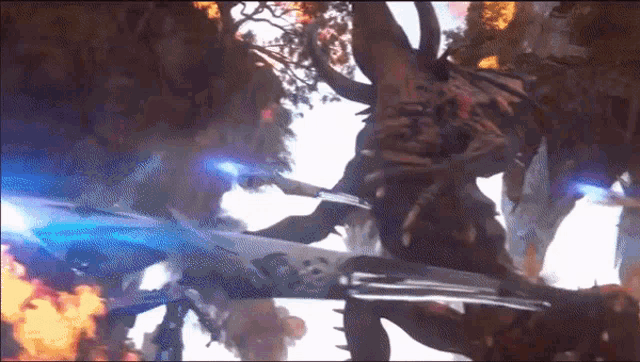 a monster with horns is being attacked by a person with a gun