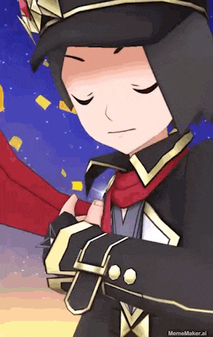 a cartoon character wearing a black hat and a red scarf is holding a card in his hand .