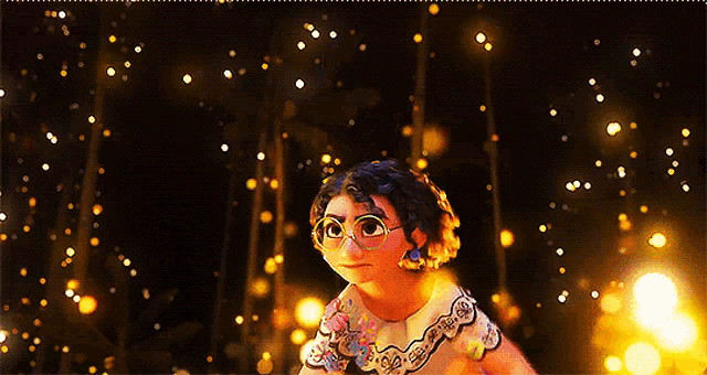 a cartoon character wearing glasses is standing in a dark room with a lot of lights coming out of the ceiling .