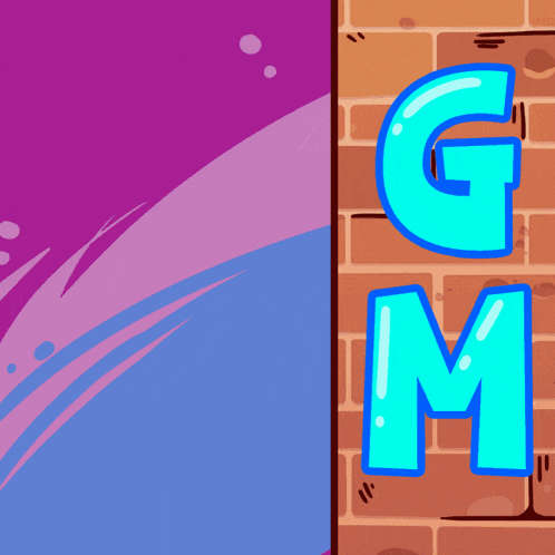a cartoon drawing of a brick wall with the letters g and m on it