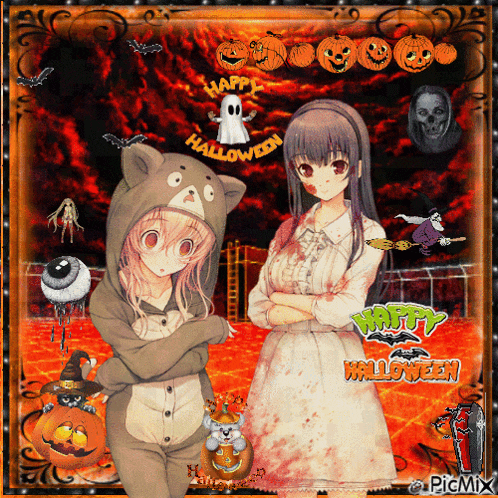 two anime girls are standing next to each other in front of a happy halloween sign