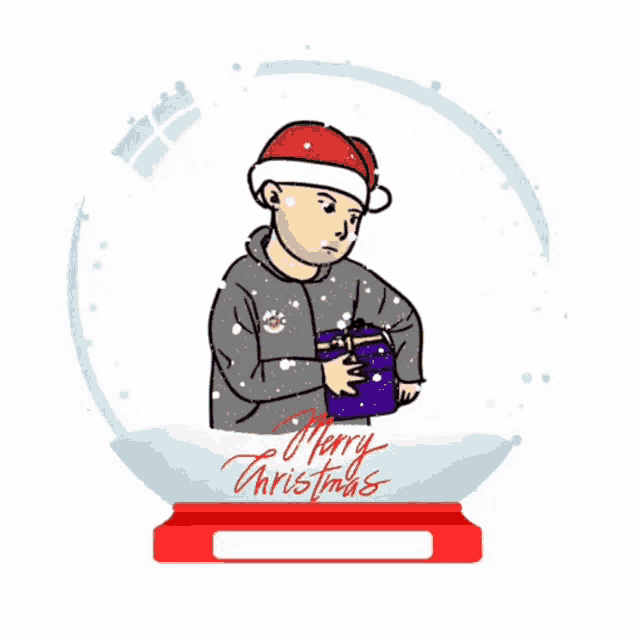 a man in a santa hat is holding a gift in a snow globe that says merry christmas on it