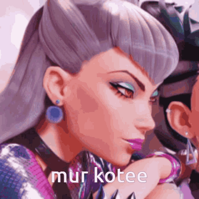 a close up of a woman 's face with the words mur kotee written on the bottom