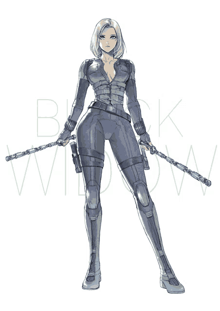 a drawing of a woman in a black suit with the word black widow behind her