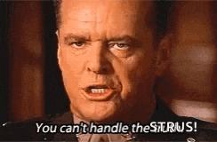 a close up of a man 's face with the words `` you can 't handle the strus '' written below him .
