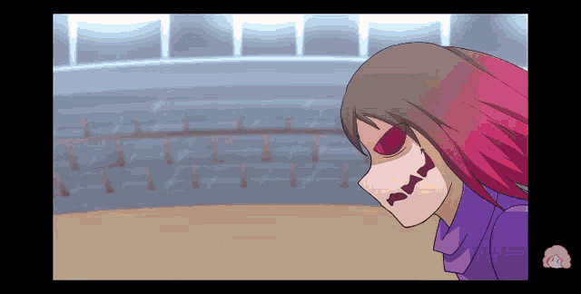 a pixel art drawing of a girl with red eyes