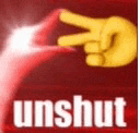 a red background with a yellow hand giving a peace sign and the words `` unshit '' .