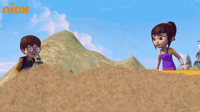 a group of cartoon characters are standing in a pile of sand with a nick logo behind them