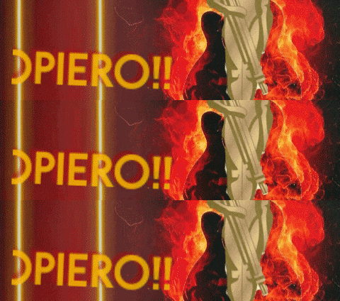 the word piero is on a red background with flames behind it
