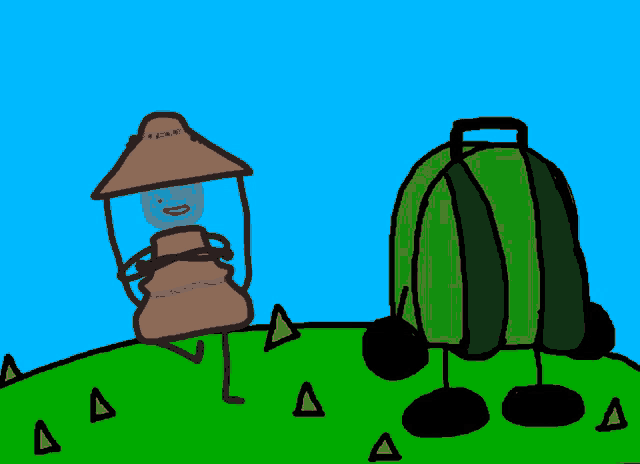 a cartoon drawing of a lantern and a green backpack