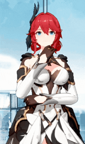 a girl with red hair and blue eyes is standing in front of a window