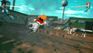 a cartoon character is flying through the air in a video game with the number 4 in the corner