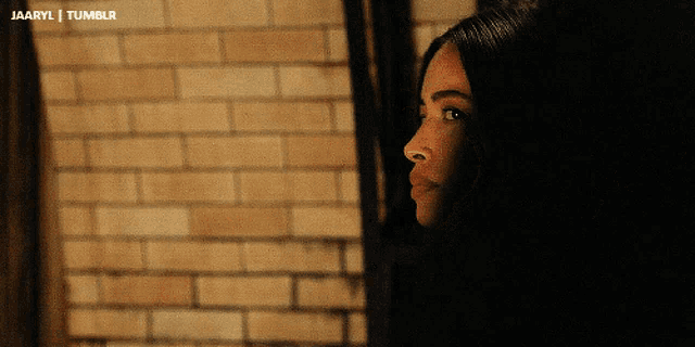 a woman is looking out a window with a brick wall in the background and the words jaaryl tumblr on the bottom