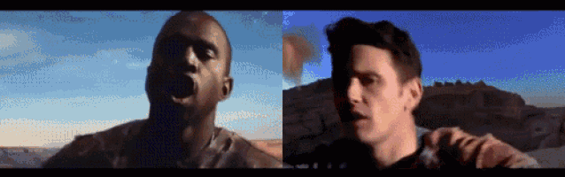 two men are standing next to each other in front of a blue sky