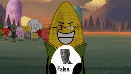 a corn on the cob with glasses and a false sign