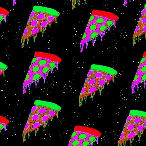a seamless pattern of colorful pizza slices with melted cheese on a black background .