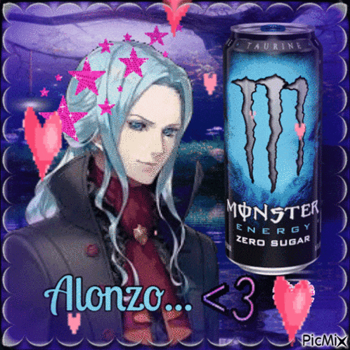 a picture of a man next to a monster energy drink