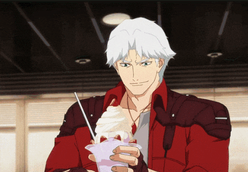 a man in a red jacket holds a cup of ice cream