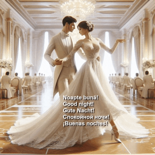 a bride and groom are dancing in a ballroom and the bride is wearing a white dress