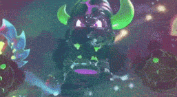 a cartoon character with green horns is surrounded by a bunch of glowing objects .