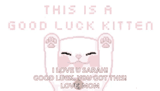 this is a good luck kitten i love u sarah ! good luck you got this ! love mom .