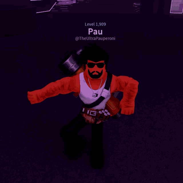 a man with a beard is wearing sunglasses and holding a hammer and has a level of 1,909