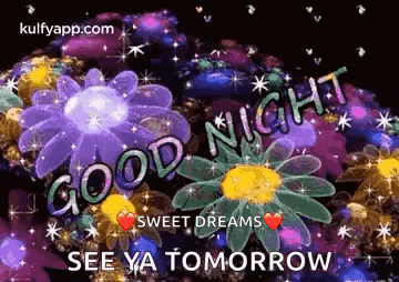 a good night greeting card with flowers and stars and the words `` good night sweet dreams see ya tomorrow ''