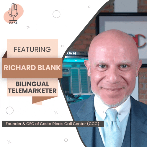 a man in a suit and tie is featured on a bilingual telemarketer