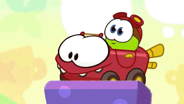a cartoon character is driving a red car with a green character behind it