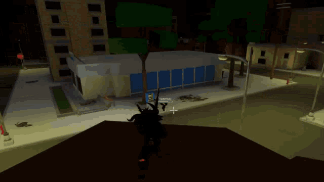 a screenshot of a video game shows a person standing on a platform in front of a building