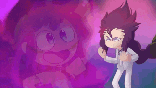 a cartoon girl and a cartoon boy are standing next to each other in a purple room .
