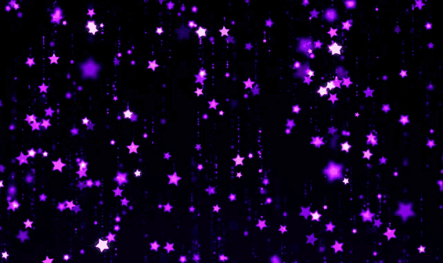 purple stars are falling from the sky on a dark background