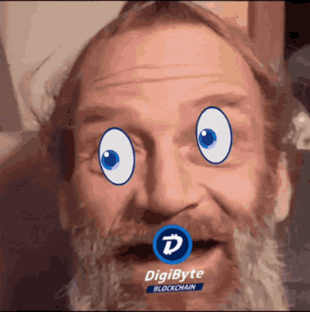 a man with a beard and big eyes has a digibyte logo on his mouth
