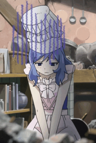 a girl with blue hair wearing a chef hat