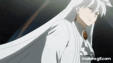 a man with long white hair is standing in a dark room with his hair blowing in the wind .