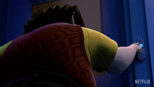 a cartoon character is pressing a button on a door that says netflix on the bottom