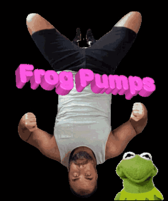 a man laying upside down with the words frog pumps behind him
