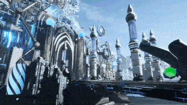 a computer generated image of a futuristic city with a green light in the middle