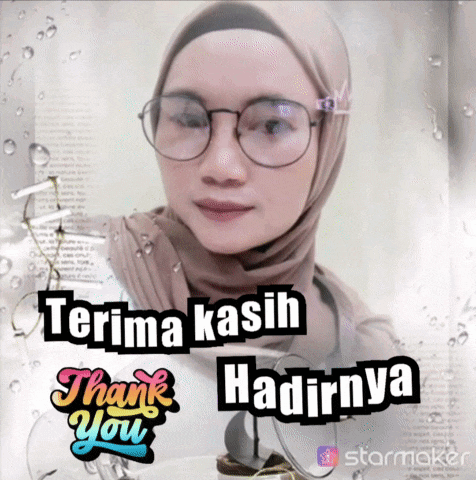 a picture of a woman wearing glasses and a hijab says terima kasih hadirnya